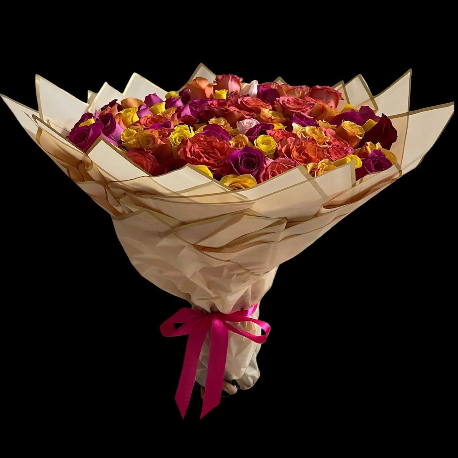 Crafted to command attention, “Golden Desire” is a bold expression of elegance, success, and refined taste. This abundant arrangement of premium multicolor roses delivers a powerful visual impact while maintaining a sophisticated and luxurious aesthetic.
The bouquet is wrapped in soft ivory tones with golden accents, elevating it into a statement gift for those who expect nothing but the best.
Ideal for:
* VIP clients
* Luxury corporate gifts
* Meaningful, high-impact moments
Same-day delivery across Mi