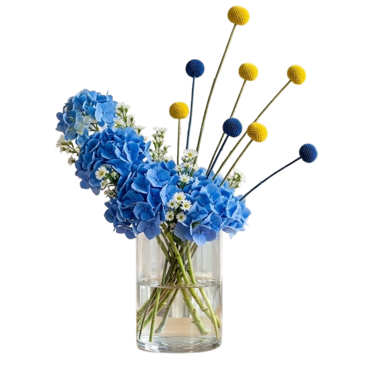 The 'Amalfi Sculpt' reinterprets floral elegance. A wave of blue hydrangeas flowing in an asymmetric base, intercepted by the vibrant energy of Amalfi craspedias and the subtle mystery of aster. A design crafted to be the center of attention.