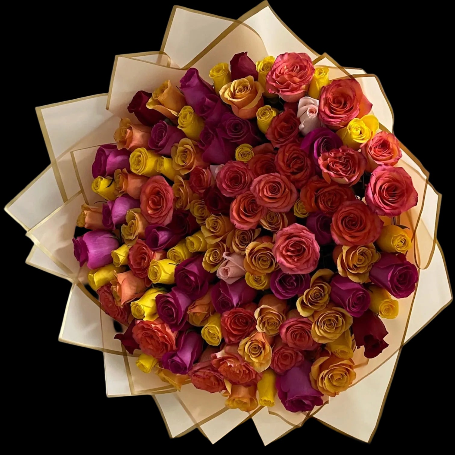 A true floral masterpiece designed for those who appreciate luxury without limits. This breathtaking bouquet features over 100 premium roses in a vibrant sunset palette of coral, gold, fuchsia, and deep red, expertly arranged to create a full, opulent look.

Wrapped in high-end Korean-style translucent paper with elegant golden edges, this arrangement is made to impress, captivate, and leave a lasting impression.

Perfect for:

* Luxury gifting in Miami
* High-end romantic gestures
* Exclusive celebrations
